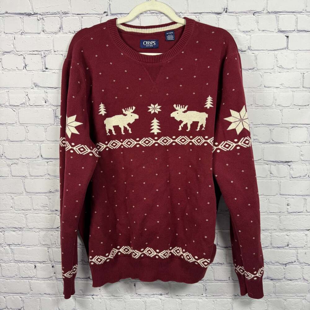 Chaps Mens Holiday Crew Neck Pullover Moose Sweater, Size XL